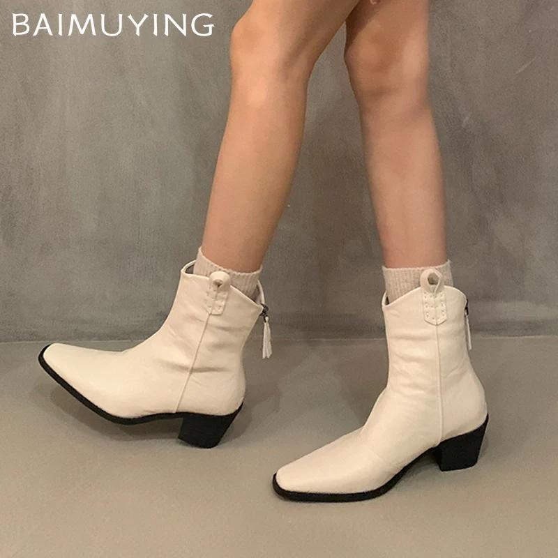 Chunky Pointed Toe Women Ankle Boots Sexy Designer Mid Heels Shoes 2025 Trend Winter Leather Fashion Pumps Chelsea Botas Mujer