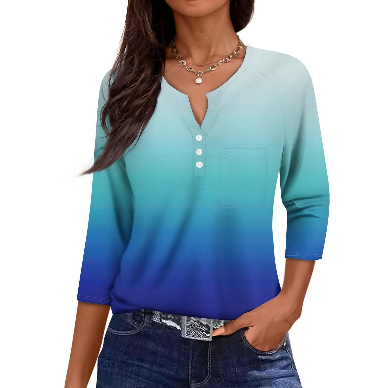 

Женская повседневная мода V-образный вырез свободный универсальный градиентный принт рукава три четверти XXL