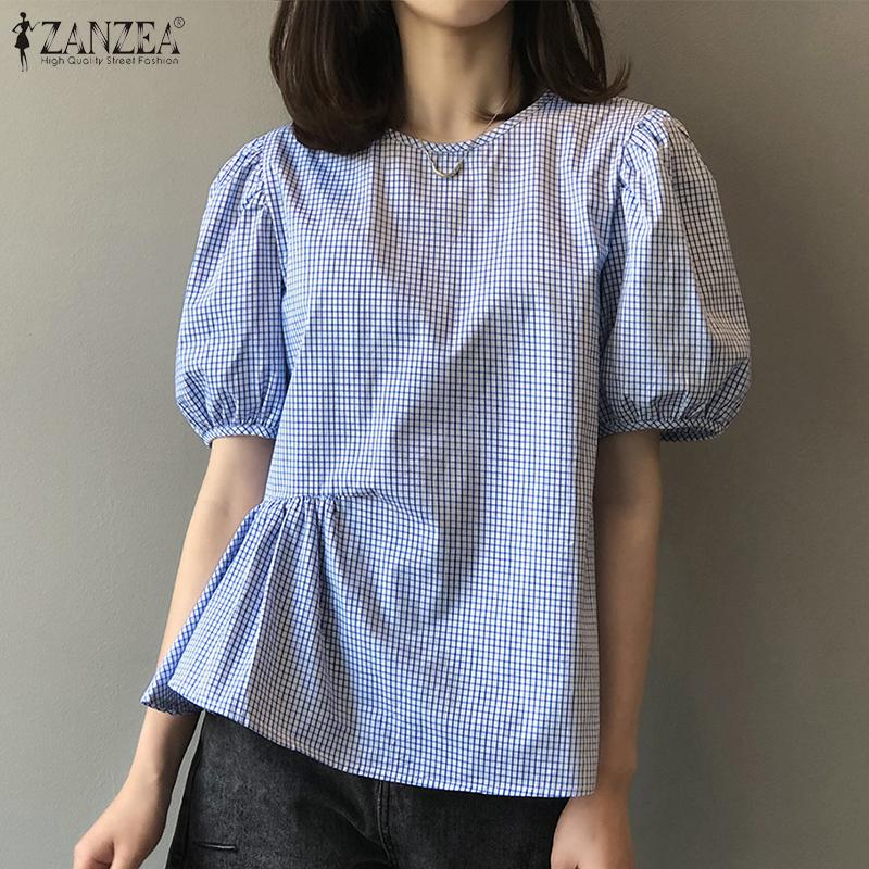 

ZANZEA Клетчатая блузка Женщины Лето Половина Рукав Футболка