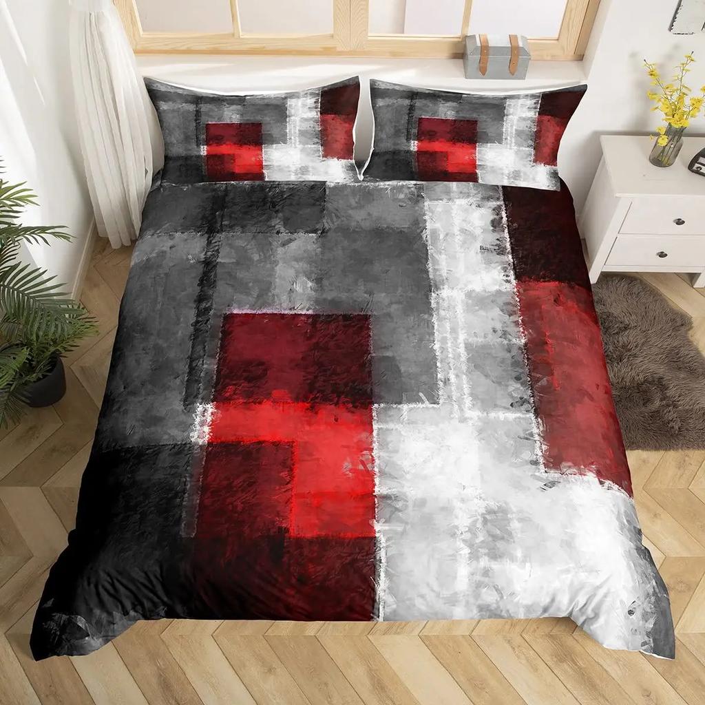 Abstract King Duvet Cover Modern Geometric Grid Square Bedding Set Red and Black Neon Light Line Geometry Themed Quilt Cover