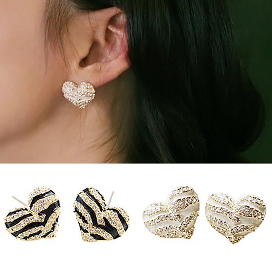 Women's Fashion Zebra Crystal Rhinestone Heart Shape Ear Stud Earrings Jewelry
