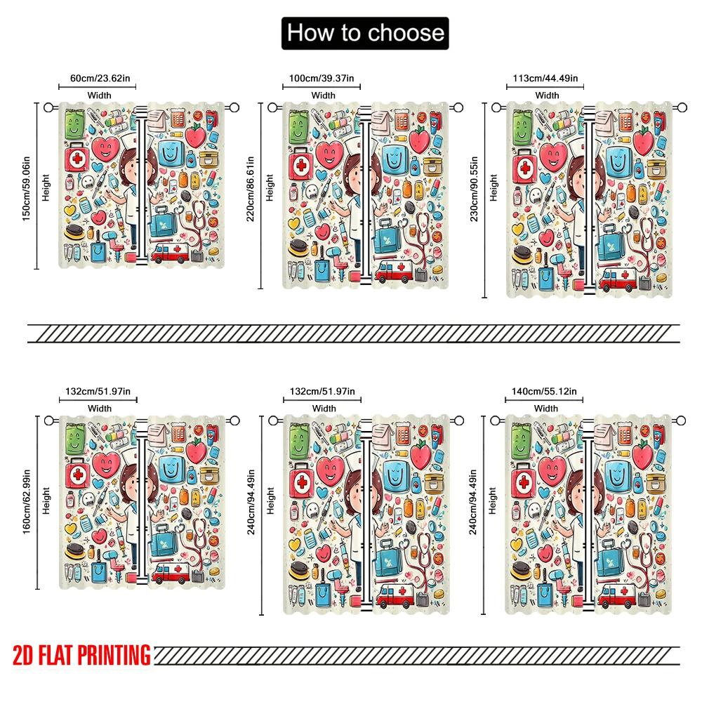 2pcs,2D plane printing Curtain Fabric Vibrant Medical Versatile Durable Polyester (without rod) Gifts Use for Bedroom, Living