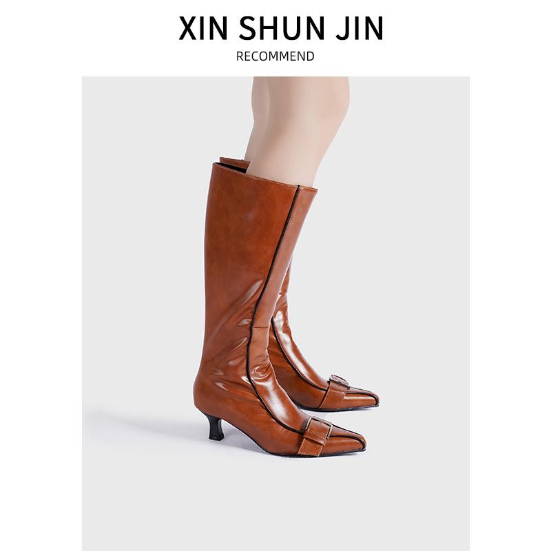 Retro belt buckle boots women's 2025 fashion boots thick heel pointed side zipper thin versatile fashion boots