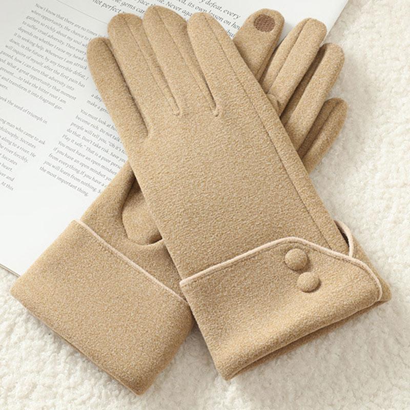 Women Winter Keep Warm Touch Screen Button Decoration Outdoor Fashion Gloves Add Velvet Drive Windproof Elegant Soft