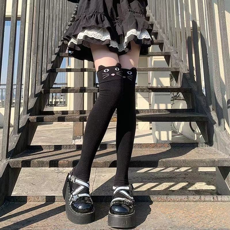 Podzimní a zimní návleky na nohy Lolita Kawaii Dlouhé přes stehno Silné ponožky Dámské Kreslené Černé Pletené Teplé Ponožky nad kolena pro ženy