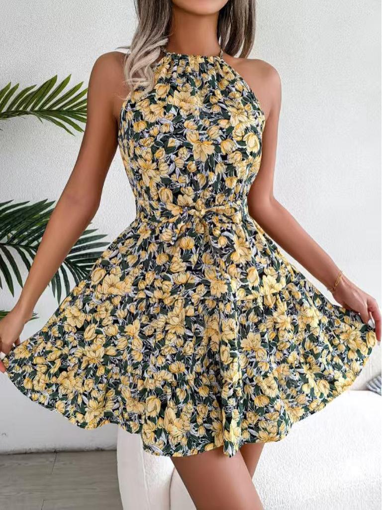 2025 Spring/Summer Floral Ruffle Lace-up Beach Dress for Women