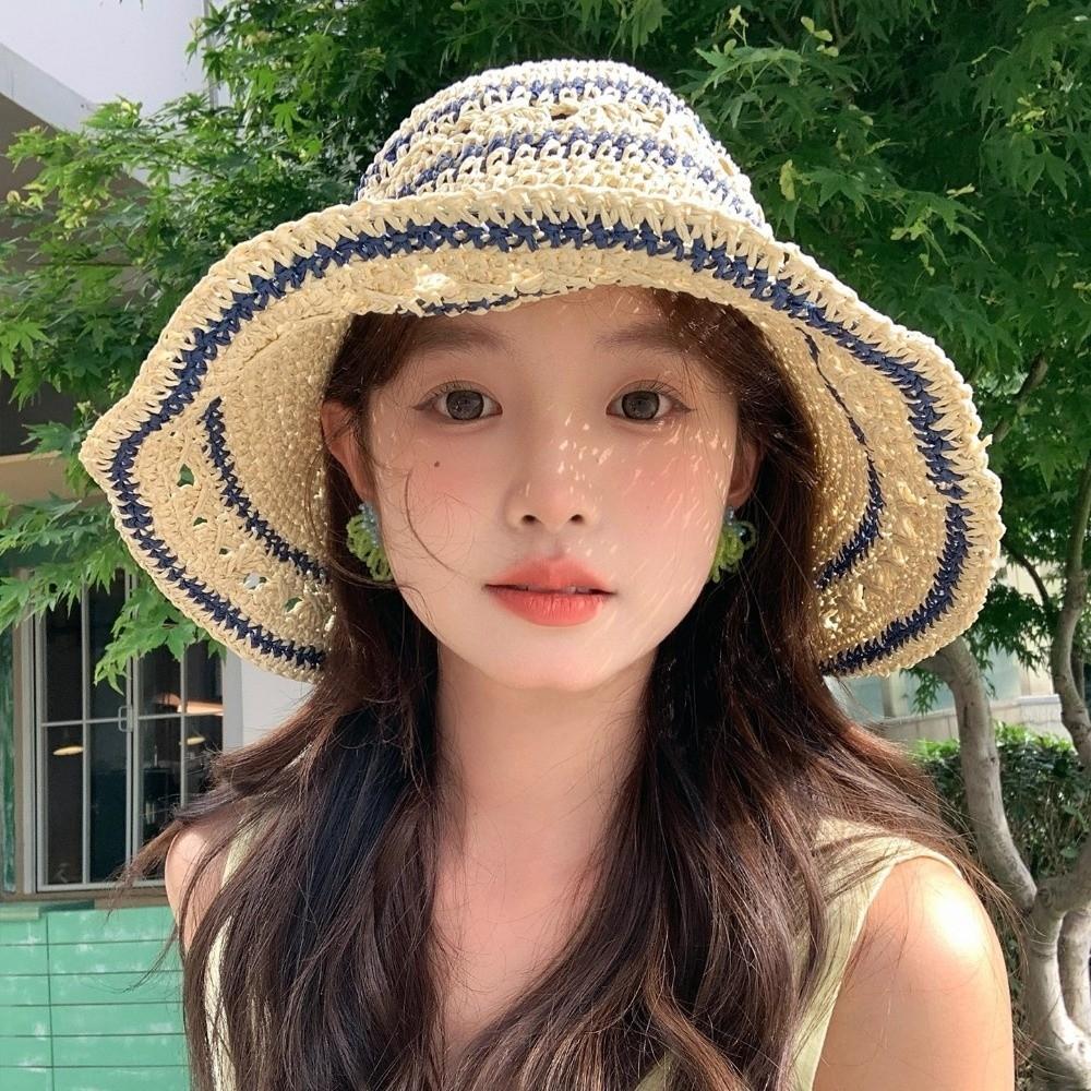 

Beach Weave Crochet Hat Handmade Fisherman Caps Korean Straw Bucket Cap Girls