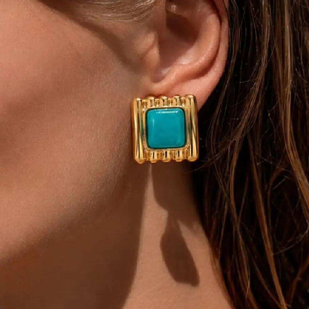 New 7 Colors Luxury Gold Plated Stainless Steel Stud Earrings for Women Vintage Acrylic Resin Square Earrings Boho Jewelry