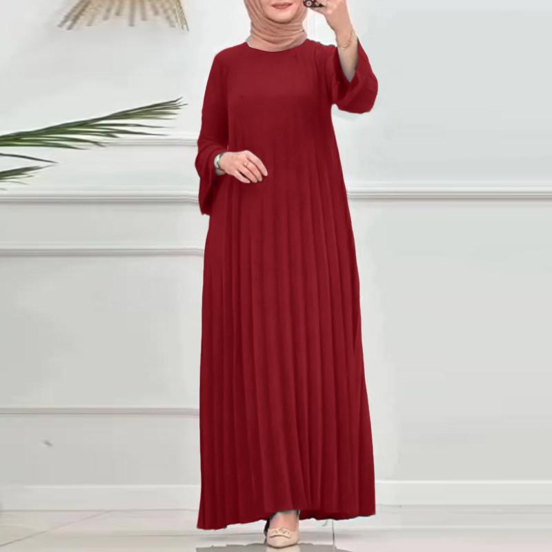 ZANZEA Women Casual Round Neck Loose Long Sleeve Pleated Dress