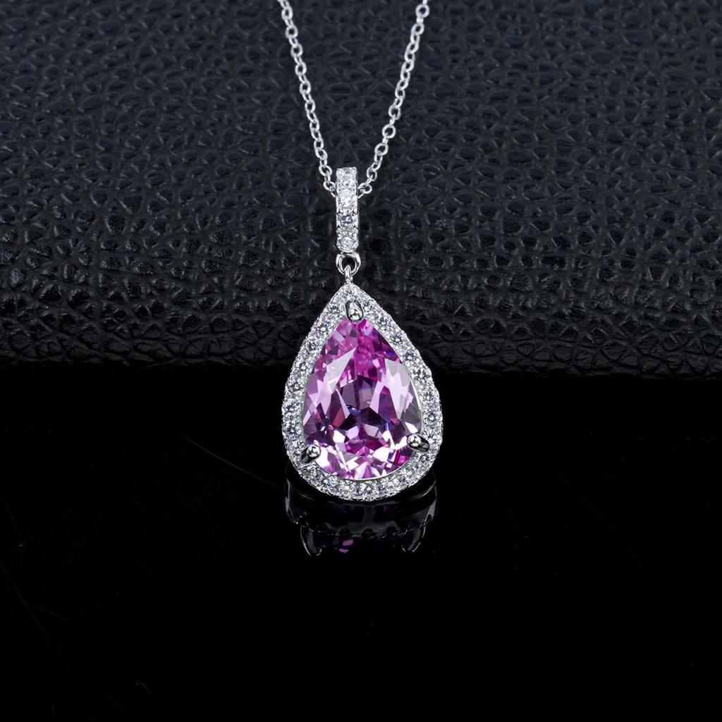S925 Sterling Silver Pear-Shaped Pink Gem Pendant Necklace for Formal & Evening Wear, Birthday & Anniversary.