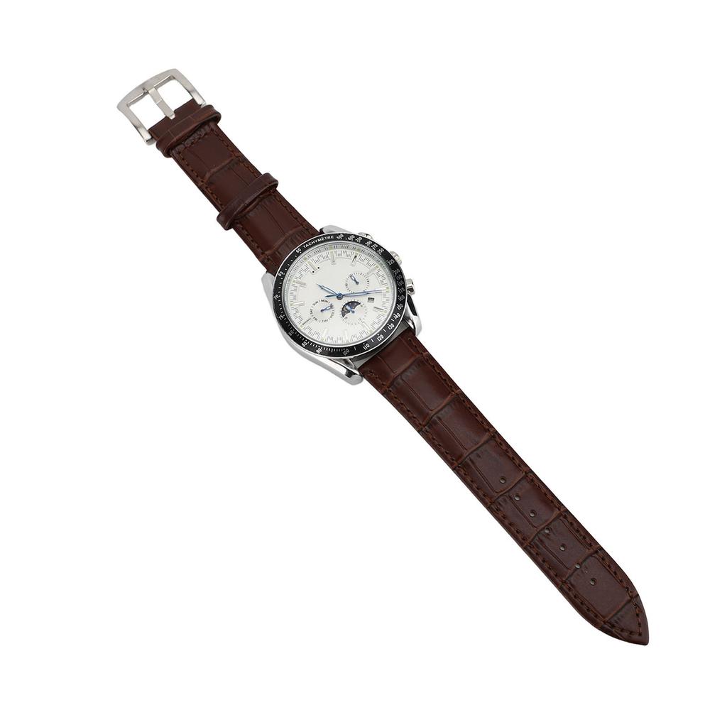Men Automatic Mechanical Watch Moon Phase 6 Luminous Hands Self Winding Chronograph Display PU Leather Strap Analog