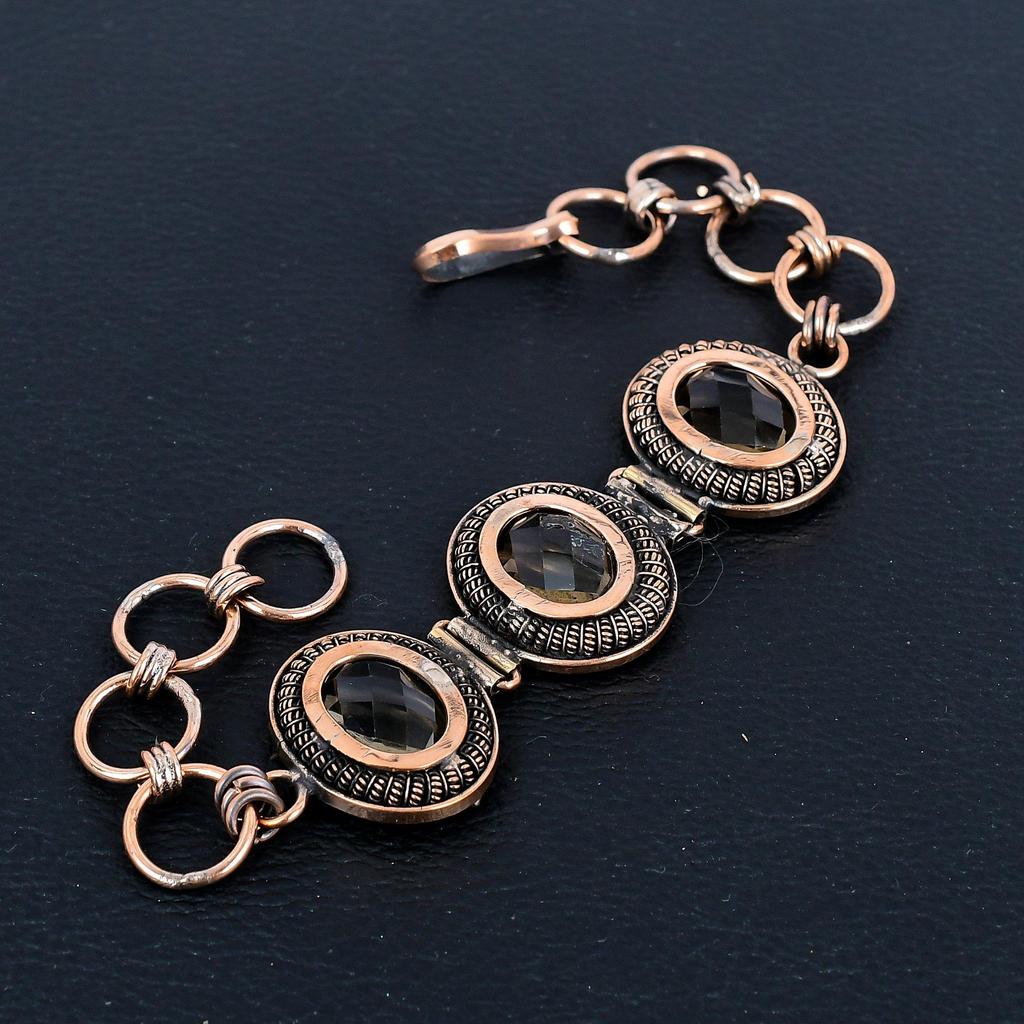 Smokey Topaz Bracelet, 999 Copper Wire Wrapped Jewelry, Gemstone Bracelet Whit Adjustable Chain Gift For Her, Handmade Dainty Jewelry