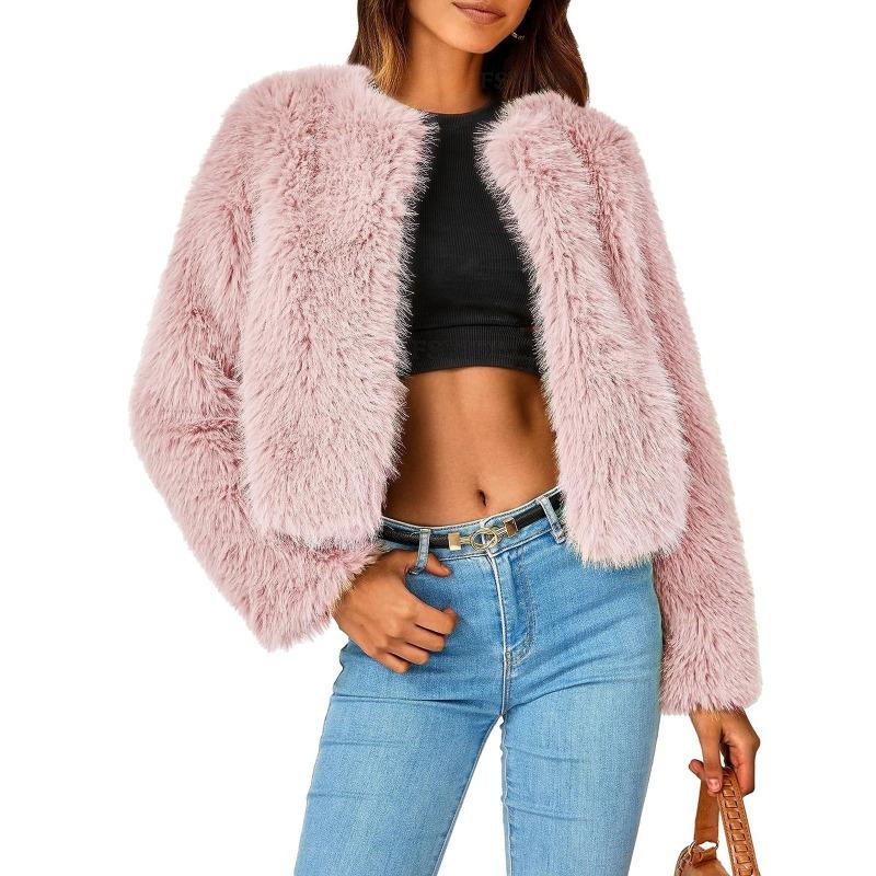 Women's Faux Fur Cropped Jacket Soft Fluffy Open Front Coat Warm Winter Outerwear