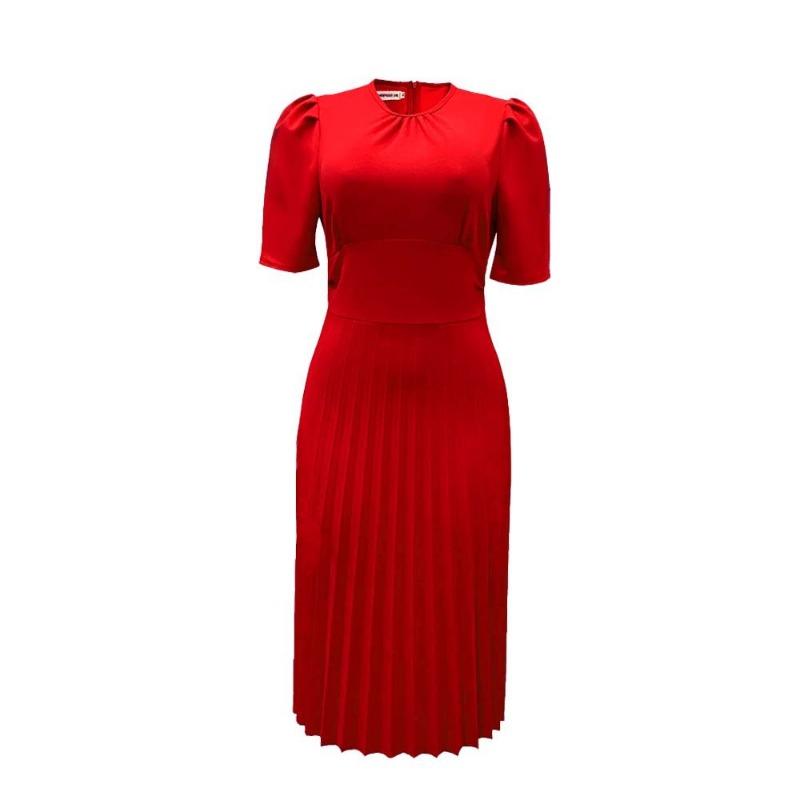 Summer new short-sleeved pleated solid color large-size dress