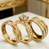 3-teiliges Set Vergoldet Zirkonia (CZ)  Hochzeit Verlobungsring Edelstahlring für Damen Klassischer Schmuck Zubehör Geschenk
