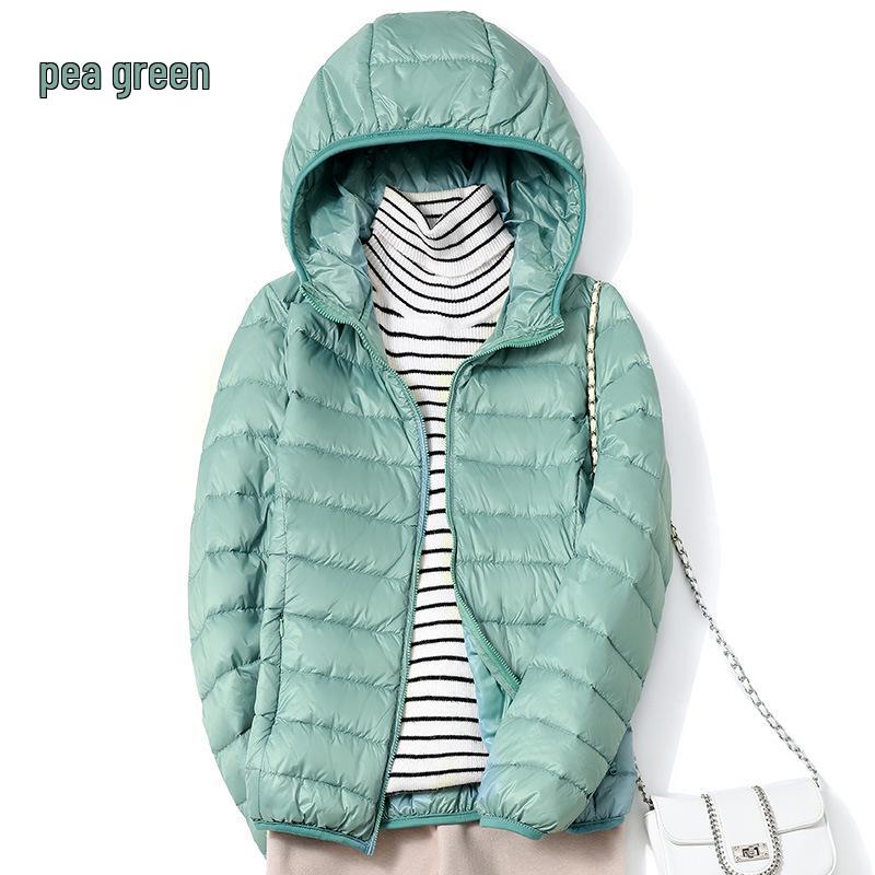 2023 Women's Lightweight Hooded Down Jacket - Slim Fit, Plus Sizes, Autumn/Winter, White Duck Down.