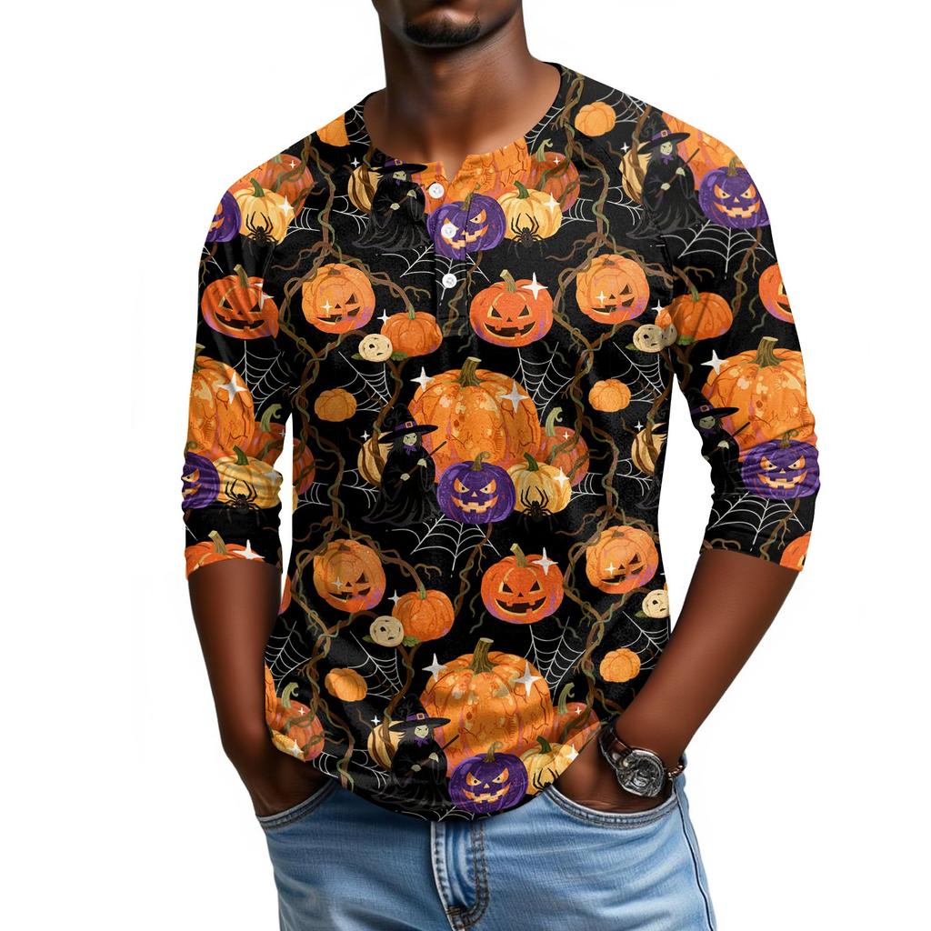 Men's Casual Halloween Print Raglan Sleeve Henley Shirt Three Quarter Sleeve Lightweight Comfortable Top for Everyday Wear