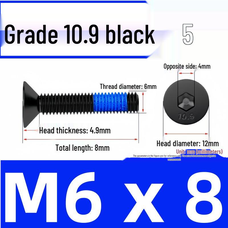 Black Anti-Slip Flat Cup Screw with Adhesive Blue Glue, Countersunk Hexagon Socket, Available in M2-M8 Sizes