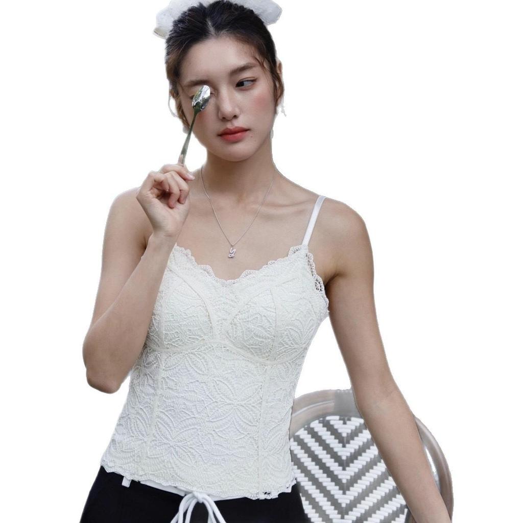Spring-Summer Sexy Lace Push-Up Spaghetti Strap Vest with Chest Pads and Slimming Bandage Back