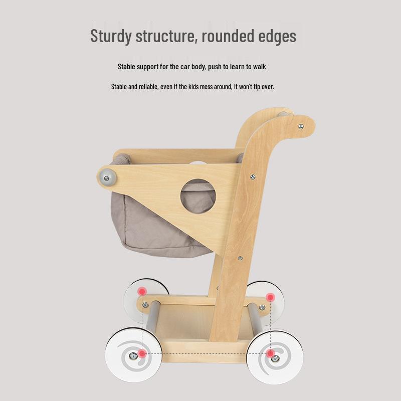 Wooden Shopping Cart Toy for Kids - Supermarket Playhouse Walker Set