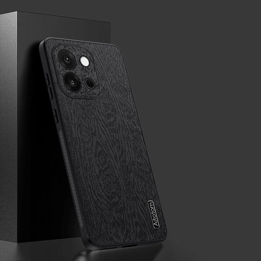 

For OnePlus 13T 5G Case Wood Texture PU Leather Coated PC TPU Phone Cover Grey