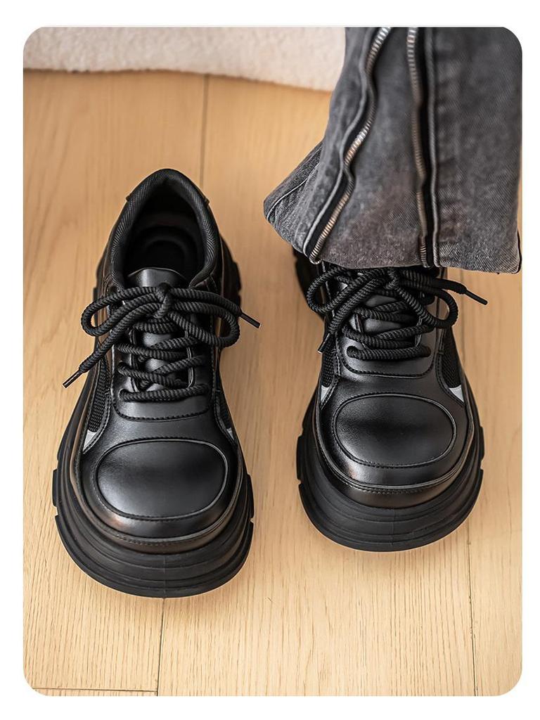 Men's Black Leather Height-Increasing Derby Shoes - 2025 Autumn/Winter Collection, British Style with Thick Sole