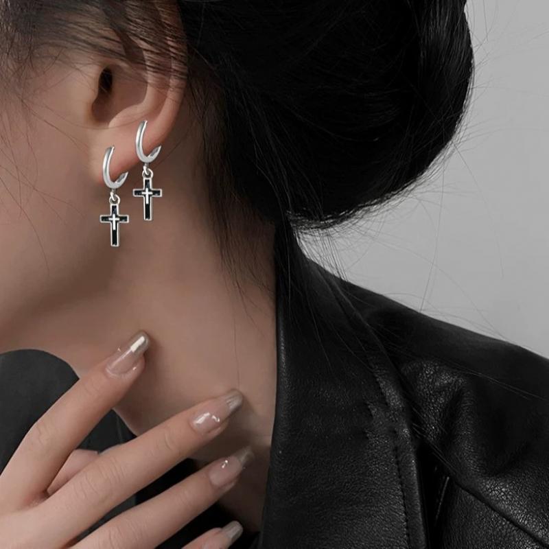 Punk Black Cross Pendant Earrings for Women Gothic Hip Hop Metal Long Tassel Hanging Earring Wedding Party Jewelry Gifts