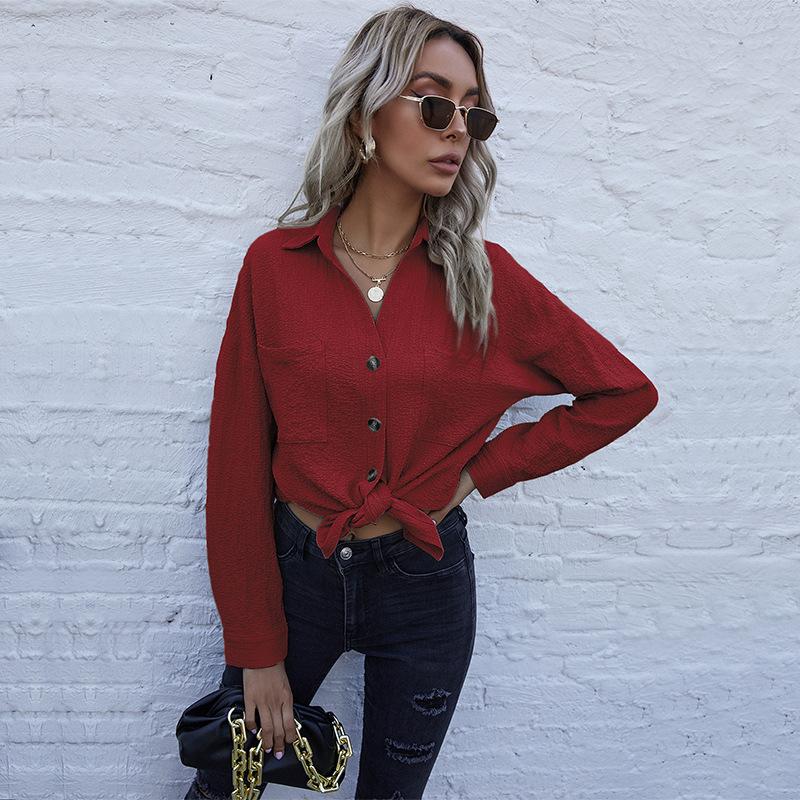 Fashionable and Casual Temperament Women's Long Sleeve Solid Color Lapel Mid-Length Vintage Shirt