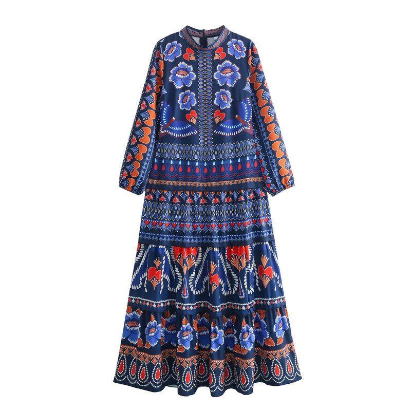 Fashion Style 2024 Spring/Summer New Arrival Women's Fashion All-Match Positioning Print Long Sleeves Vacation Style Mid Length Long Length Dress