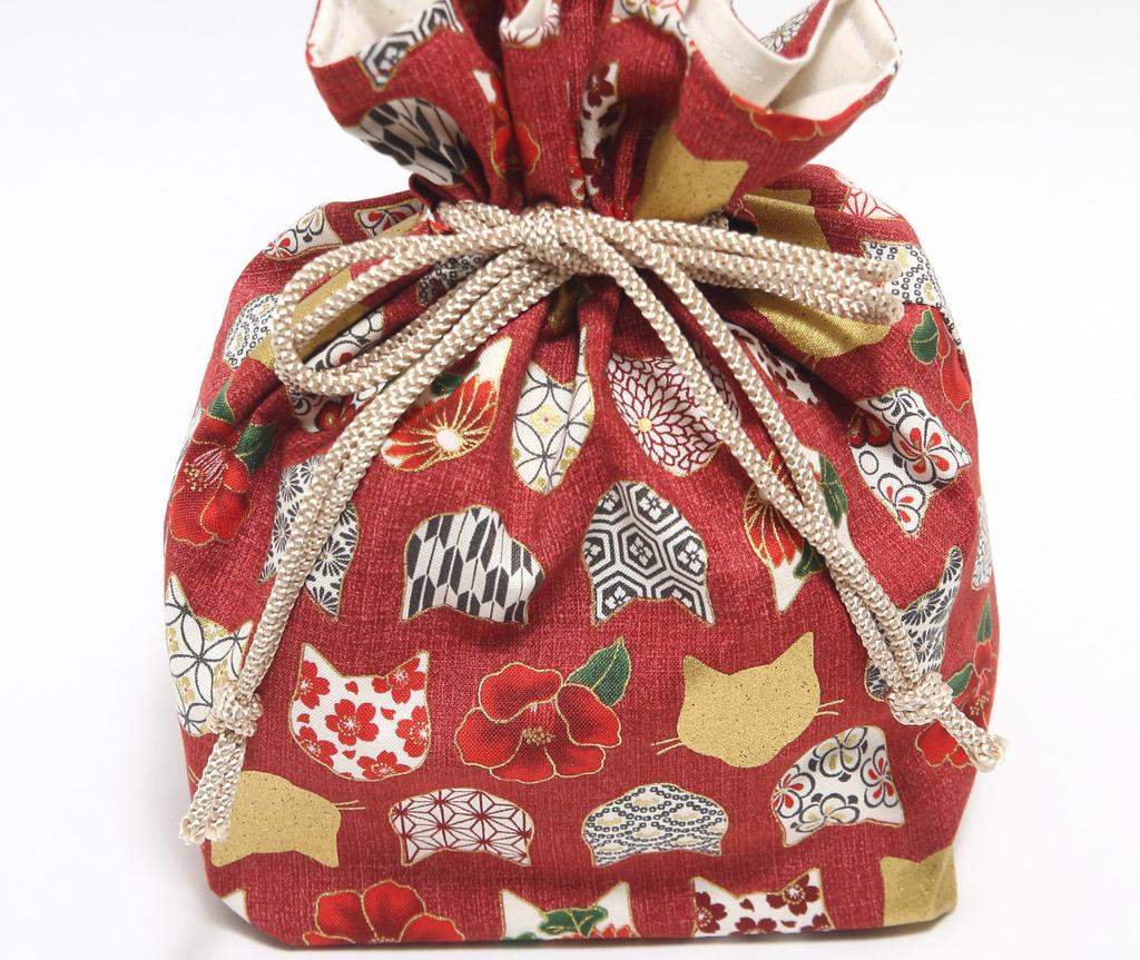 [Hasegawa] Cat Pattern Drawstring Bag with Handle, Made in Japan (Cat SilhouetteRed)