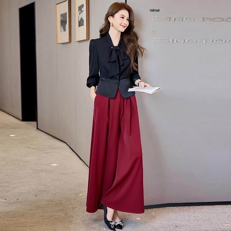 2025 Frühling & Herbst High-End Mode Zweiteiler: Schnürhemd mit langen Ärmeln & Weitbeinige Hose Set