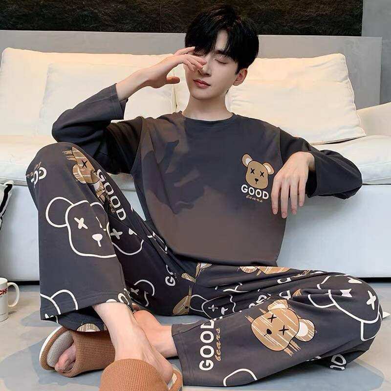 Set de pijama de desene animate pentru bărbați mărime plus: Mânecă lungă, Subțire, pentru Primăvară, Toamnă și Iarnă - Haine de casă pentru Adolescenți și Studenți.