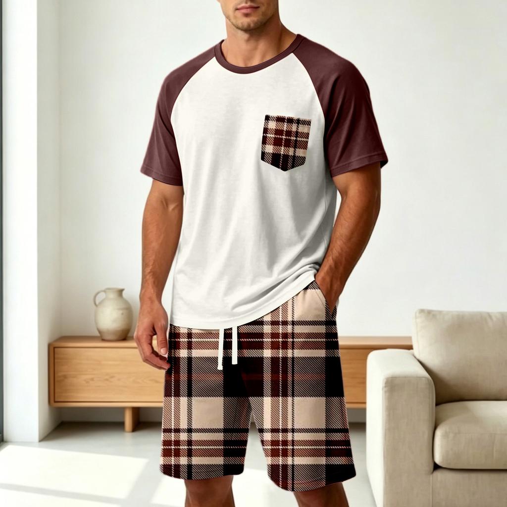 Men's Casual Pajama Set Soft Comfortable Two Piece Lounge Wear Short Sleeve Top and Plaid Shorts Sleepwear Set for Home Relaxation