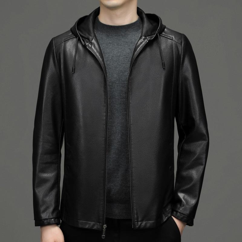 Leather Jacket Men's Handsome Hooded Casual Leather Jacket Middle-aged Dad Autumn and Winter Sheepskin Men's Jacket