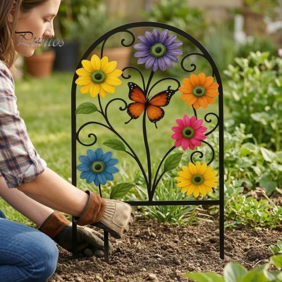 Hinterhof Blumenbeet Begrenzung Gartenzaun Tierbarriere, Schmetterling Floral Metalldraht Panel Begrenzung, Gebogenes Dekoratives Panel, Barriere für Hunde, Kaninchen,