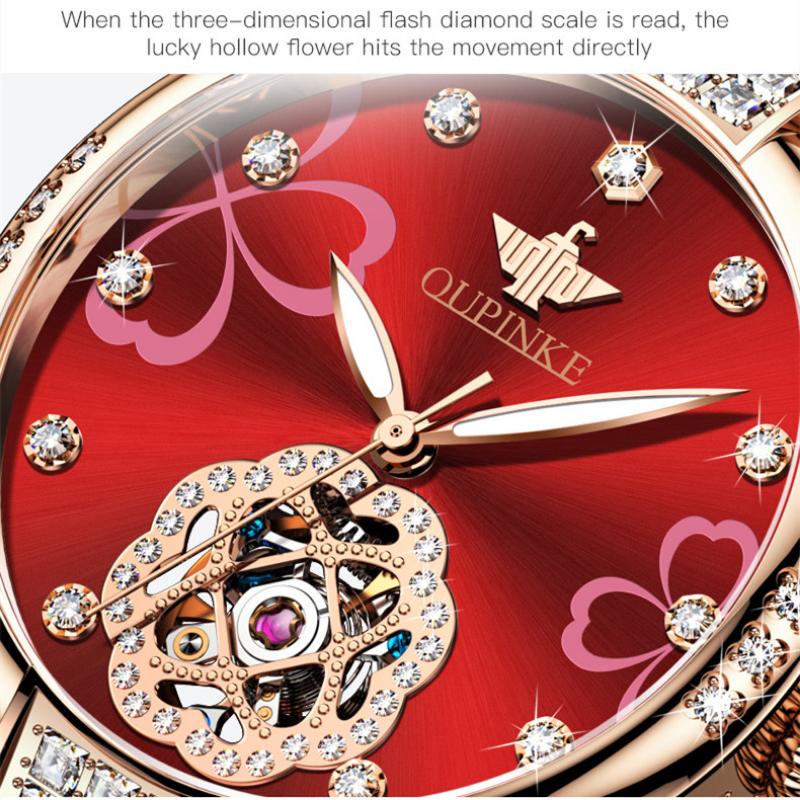 OUPINKE Nouvelle Montre Dame d'Affaires et de Loisirs Montre Mécanique Automatique Étanche Incrustée de Diamants Montre Haut de Gamme