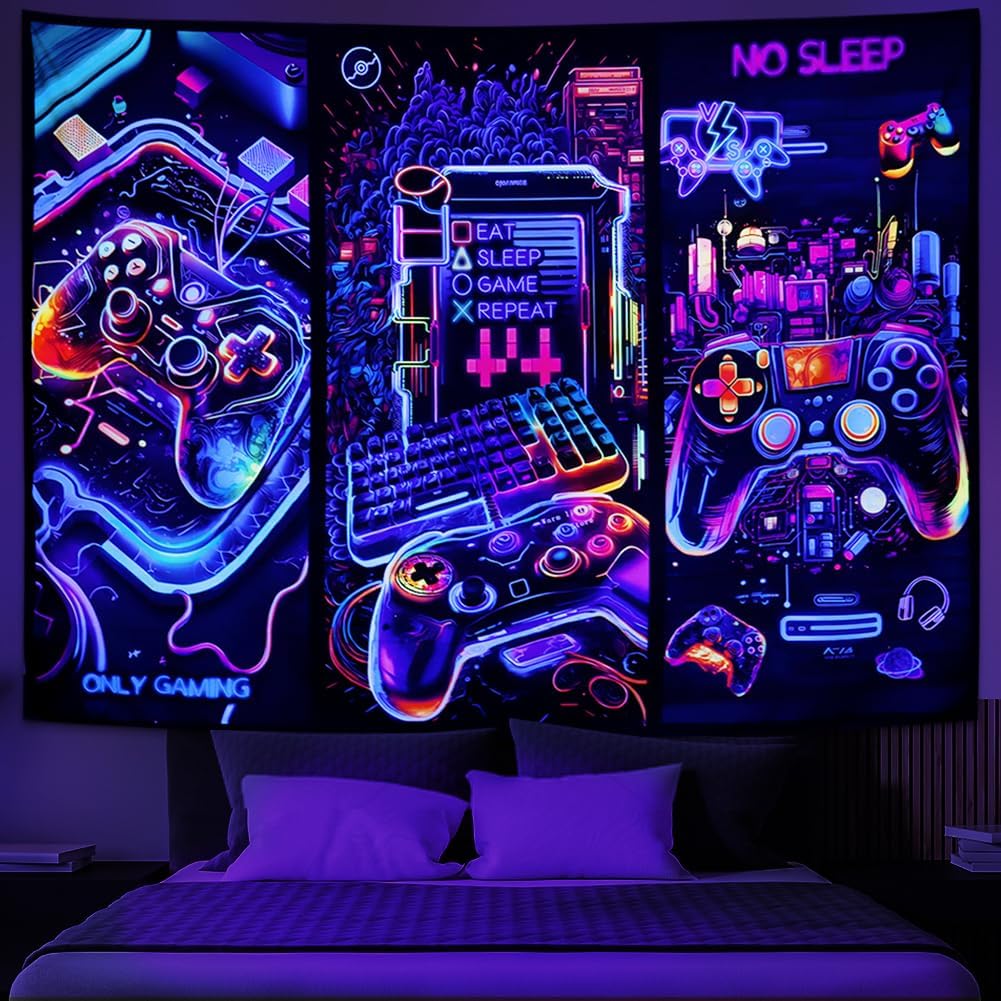 Galoker Blacklight Gaming Tapestry Cool Neon Game Controller Tapestry UV Reactive Gamer Player Wall Tapestries Funny Art Gaming Poster Tapestries