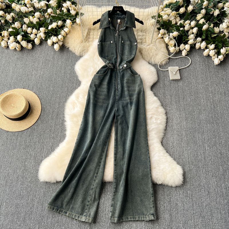 

Internet Celebrity Fried Street New Arrival Wide-Leg Jeans Women s Sweet Cool Fashionable Lapel Zipper High Waist Slimming Long Overalls Blue M