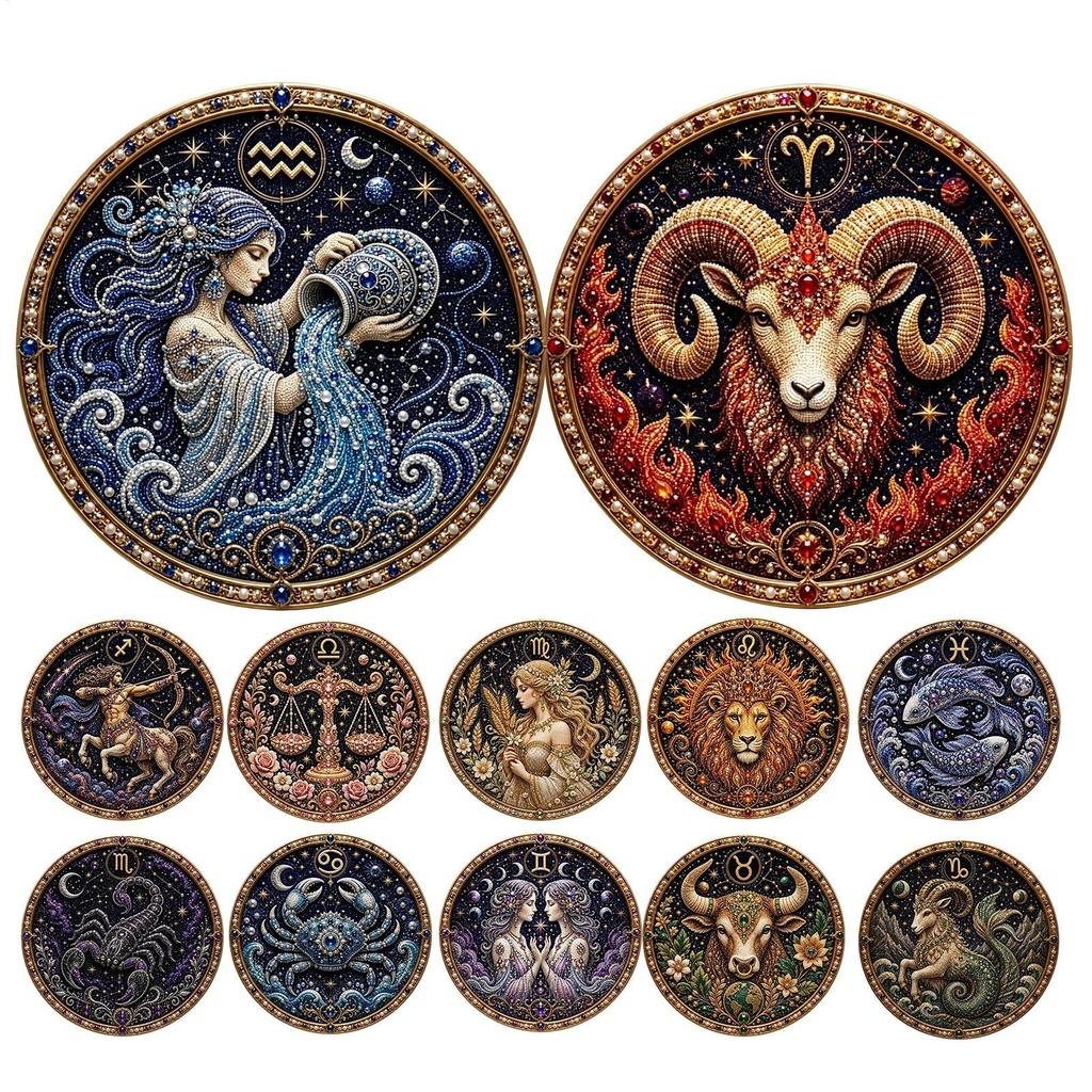 11 Zodiacs Signs Pearl Art Kit Round Constellation Themed DIY Beaded Artwork Astrology Wall Decor Craft Set for Zodiacs Lovers