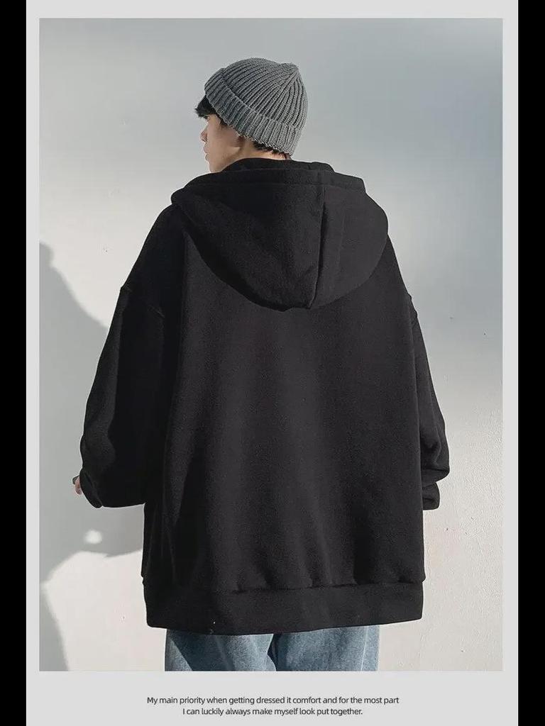 Men's Hong Kong Fashion Zip-Up Cardigan: Loose Hooded Jacket, Trendy Autumn Solid Color Top