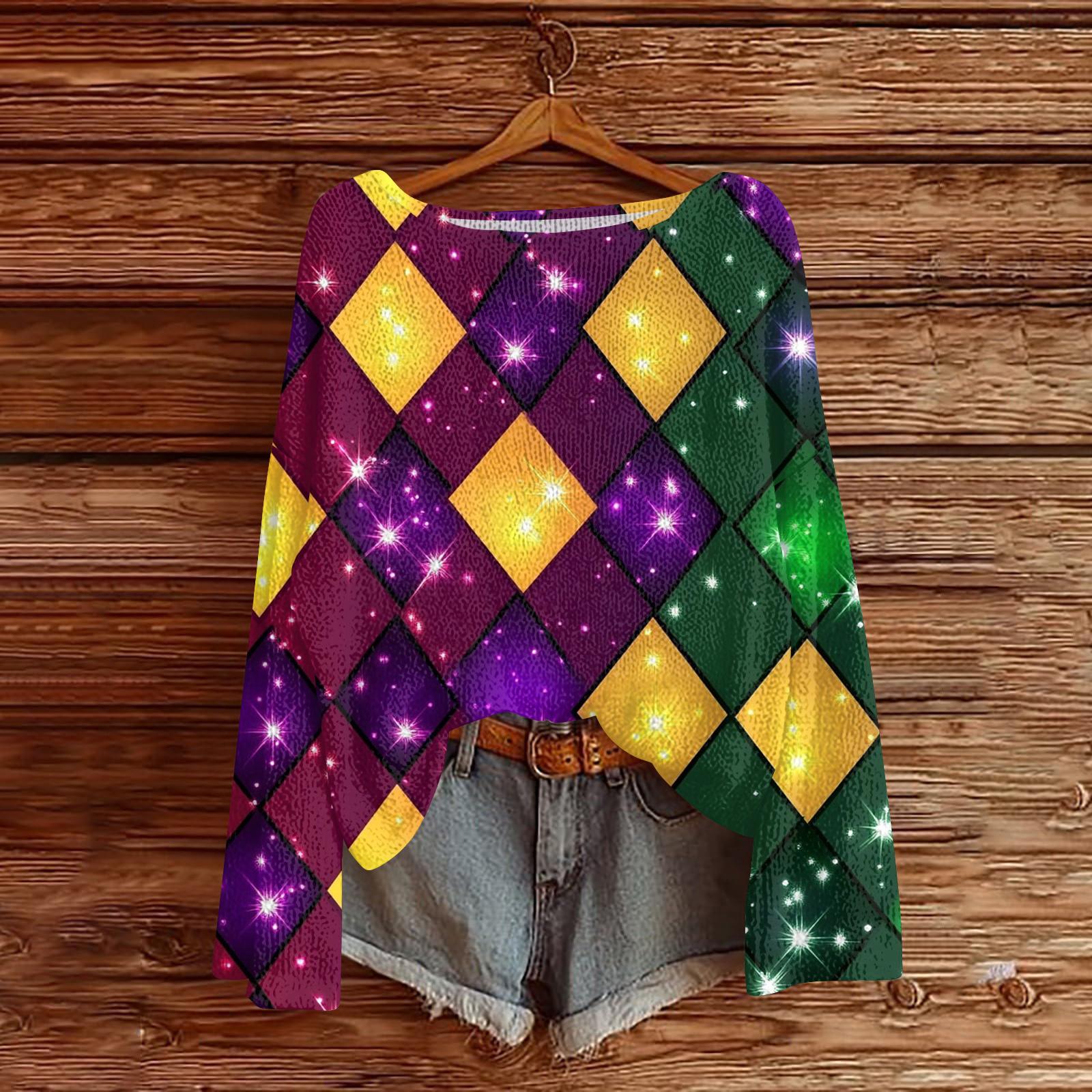 

Women s Casual Fashion Round Neck Top Carnival Print Long Sleeve Knit Pullover XL