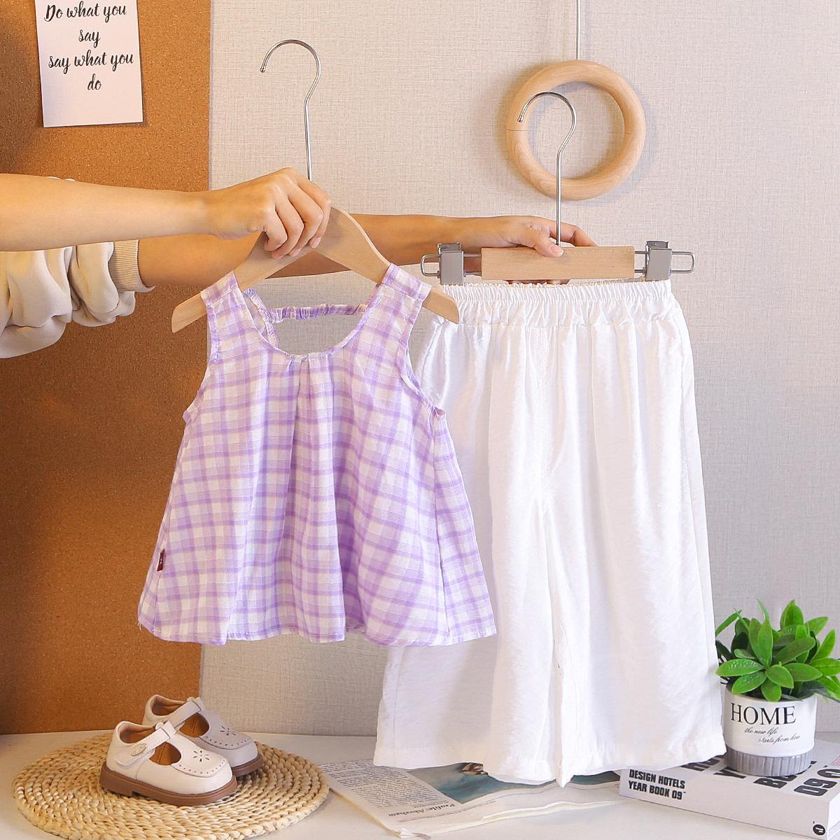 

Girls Summer 2026 Plaid Two-Piece Set: Stylish Vest & Wide-Leg Pants with Shoulder Straps 80cm-120cm - Pack of 5 светло-фиолетовый