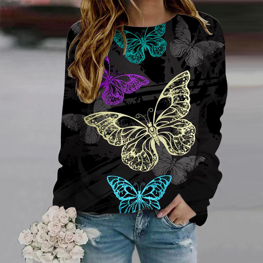 

Осенняя женская мода с круглым вырезом и длинным рукавом, свободная одежда, серая футболка с принтом бабочек для девочек, уличная 8XL серый