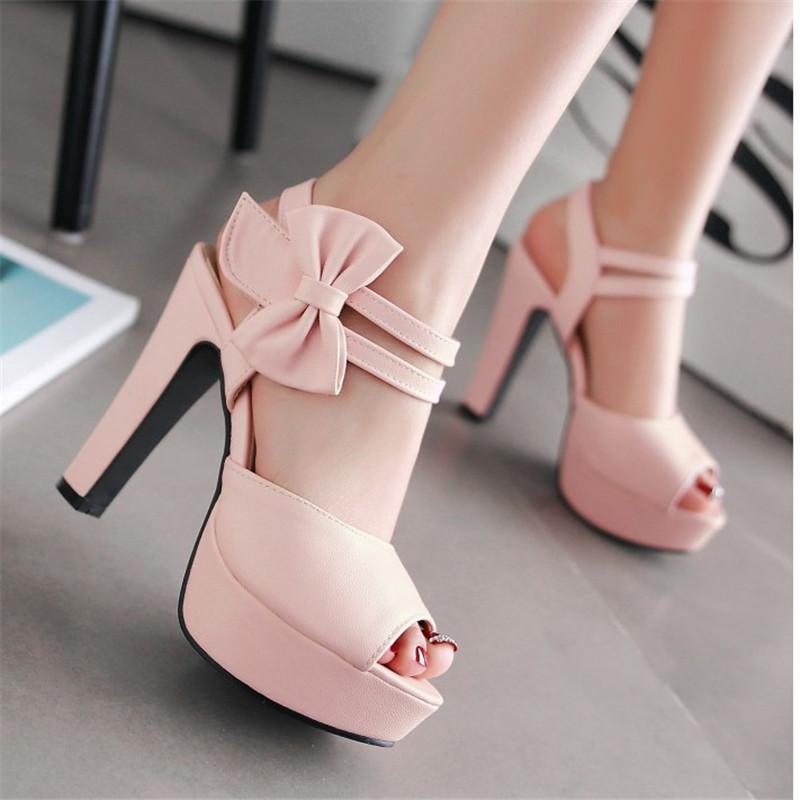 Women Sweet Bow High Heels Shoes Women High Heel Sandals Platform Pumps Ladies Dress Wedding Party Shoes Sandals Big Size 31-46