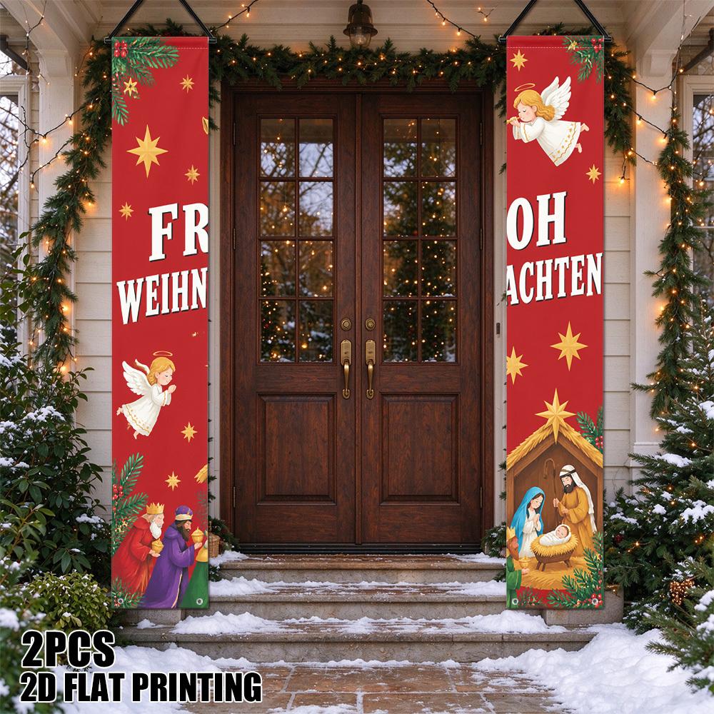 2D Flat, 2pcs Chinese Blessing Couplet Door Decor with Welcome Hanging Flags - Nativity Angels Stars Suitable for Thanksgiving, Fall Harvest Party Dec