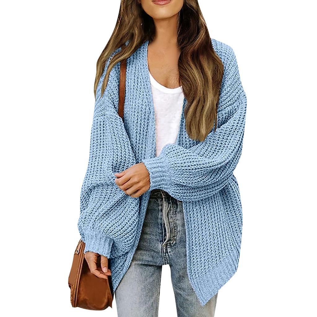 Women's Chunky Knit Cardigan with Lantern Sleeves - Cozy Autumn & Winter Boutique Style
