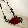 Gothic Thorny Red Rose Choker Necklace Retro Flower Adjustable Rope Collar Necklace For Halloween Cosplay Party Accessories