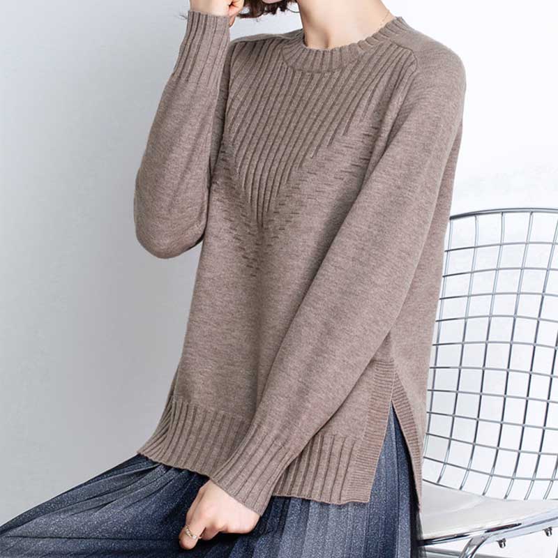 Rundhals-Pullover für Damen, kurz, für Frühling und Herbst, lockere Oberbekleidung, All-Match-Pullover, Schlitz-Bottom-Pullover