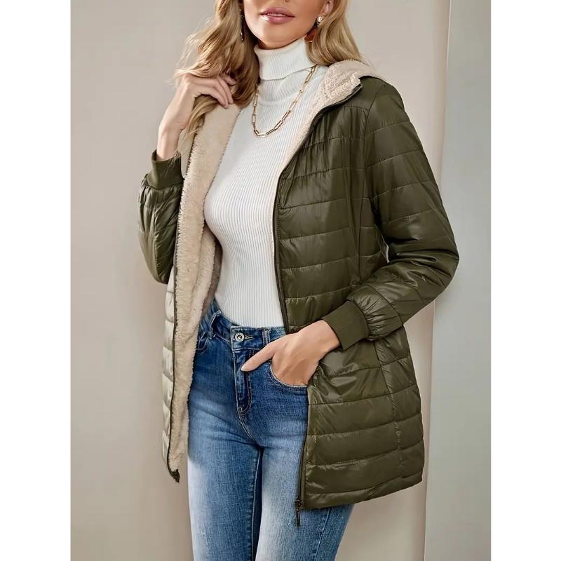 2025 Winter Women's Mid-Length Quilted Parka, Hooded Fleece Lined Loose Fit Thermal Jacket with Zipper, Warm Padded Casual Coat for Cold Weather