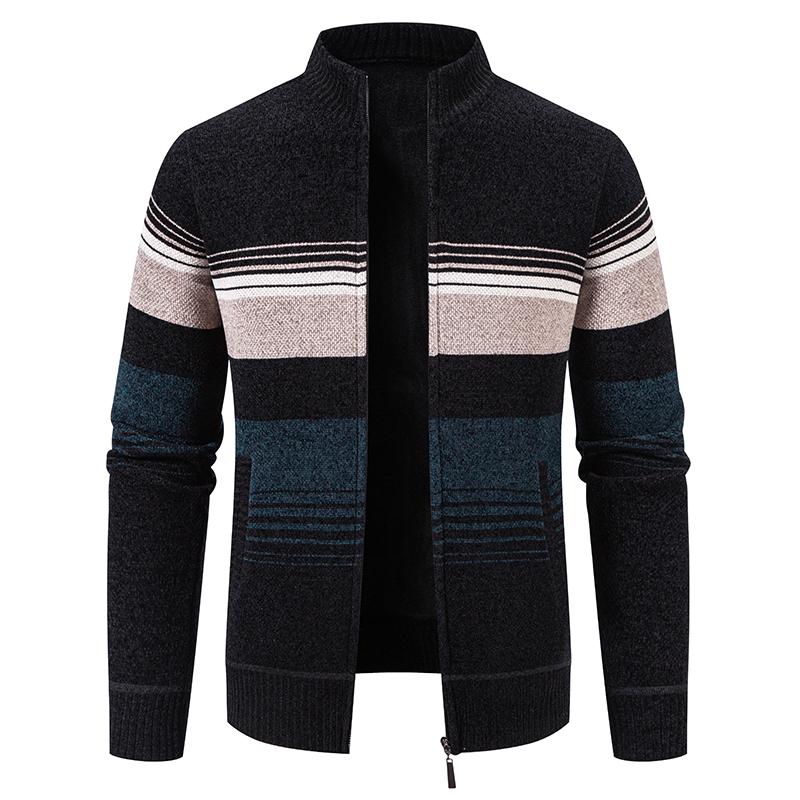 Herren Gestrickter Cardigan mit Streifen Reißverschluss Stehkragen Pullover Jacke Langarm Lässige Oberbekleidung für Herbst Winter